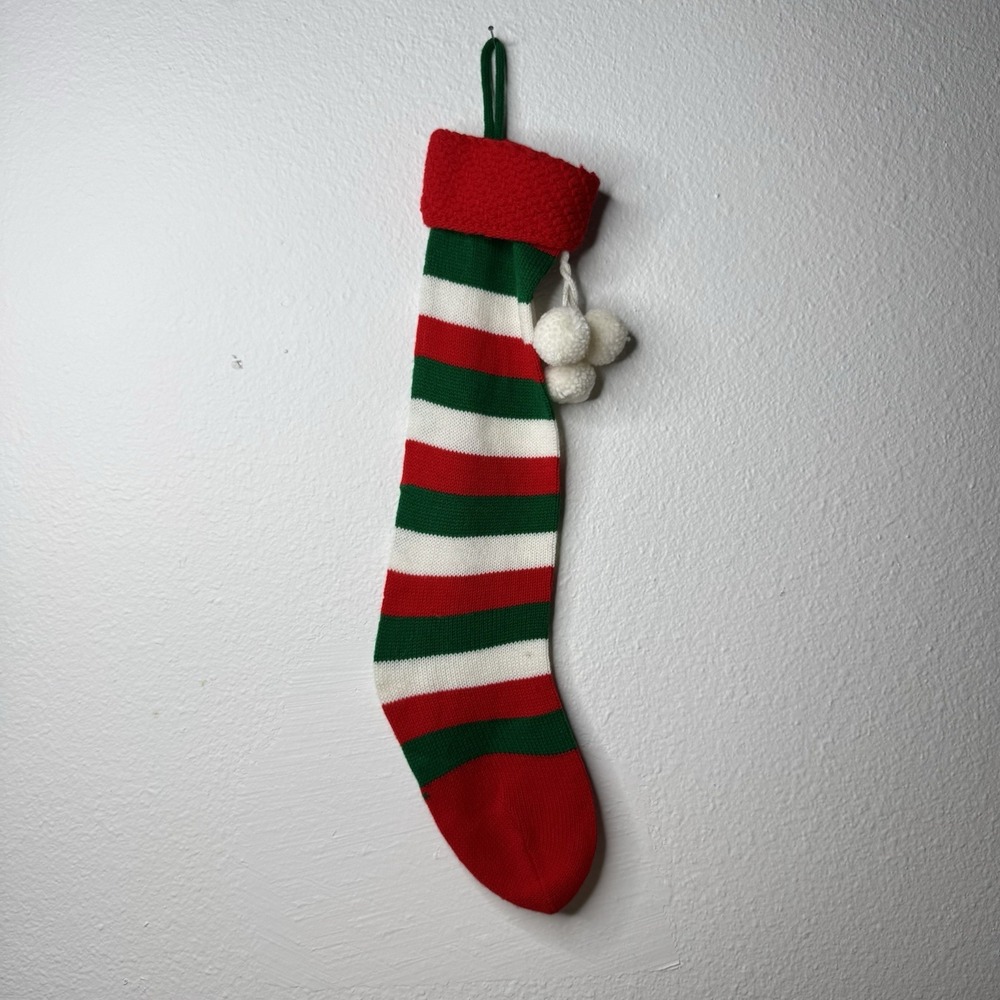 Vintage Knit Christmas Stockings Red Green & White‎ Striped Holiday Classic 21"